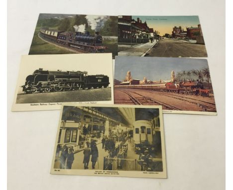 5 postcards depicting trains or stations: 1) Oban Express. 2) Royal Mail Train Bombay. 3) Southern Railway Engine 'Lord Nelso