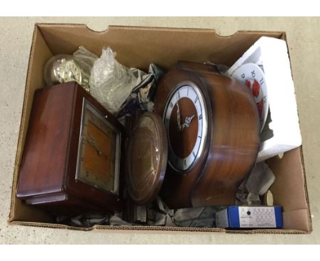 A box of vintage clocks to include Deco square mantle clock.