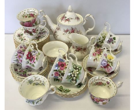 Full set of Royal Albert 12 months of the year, china cups, saucers & tea plates. Together with a Royal Albert 'Lavender Rose