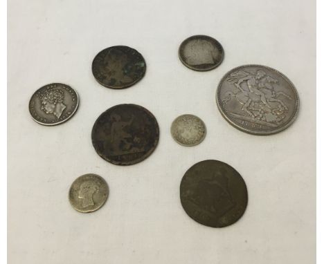 A collection of vintage coins to include a Victorian 1889 crown and a George IV 1826 shilling.