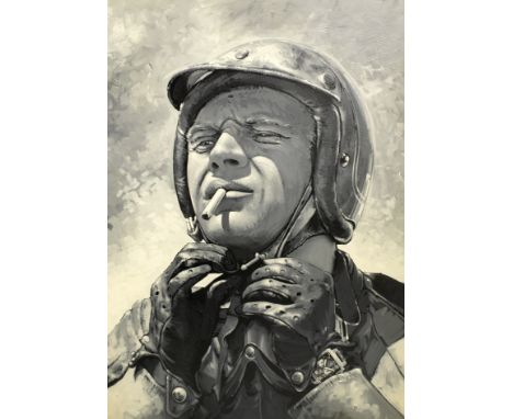 A 'Steve McQueen - Heuer' artwork on canvas and a 'Carrera Heuer' garage display emblem,modern, the artwork in acrylic on can