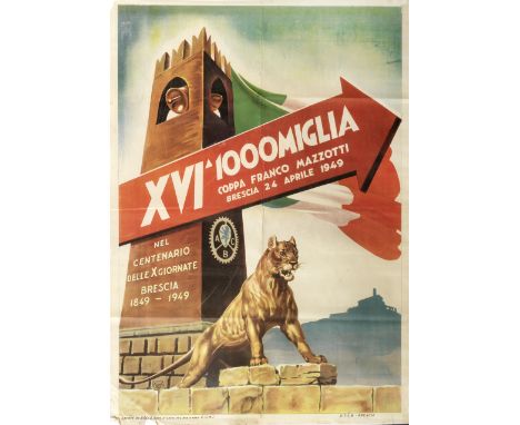 A 1949 'XVI Mille Miglia' poster, Italian,lithographic poster printed by U.T.L.B. of Brescia, with artwork after P Caffa, dep