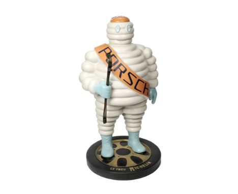 A hand-painted 'Mr Bibendum Gulf/Porsche' standing forecourt figure,modern, fibreglass construction, depicting the Michelin T