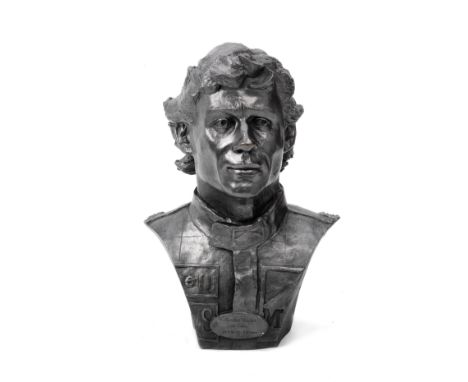 A cast bronze bust of Ayrton Senna by Sean Rice,hollow-cast bronze depiction of the three times Formula 1 World Champion, sig