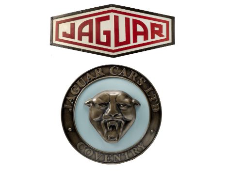 Two 'Jaguar' garage display emblems,modern, each cold-cast resin and bronze composite, the first a 'Jaguar Cars Ltd - Coventr