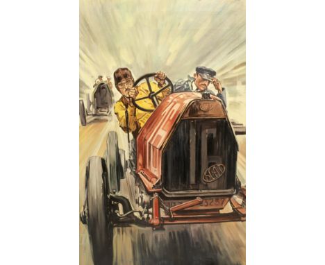 A 'Targa Florio' artwork on canvas and a '1000 Miglia' garage display emblem,modern, the acrylic on canvas artwork depicting 