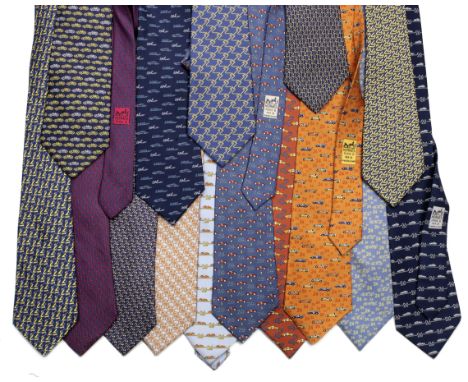 A collection of fifteen 'Le Mans 24-Hours' silk ties by Hermes,made in France, each in pure silk, each printed with a differe