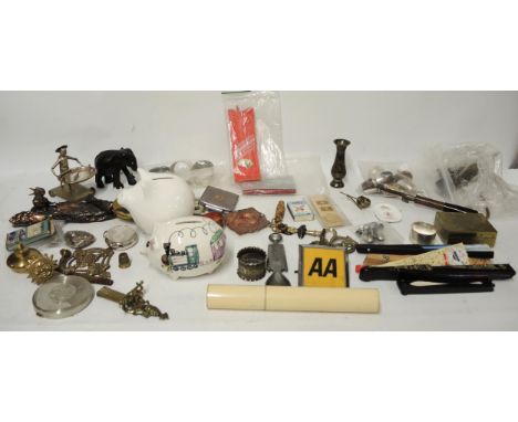 AA Car badge, two ceramic piggy banks and miscellaneous items