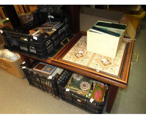 Large collection of miscellaneous 19th and 20th Century pottery tiles, including a tile inset occasional table and tray