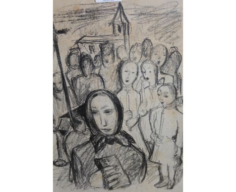 Pencil/crayon sketch, carol singers possibly German, indistinctly signed, 36 x 24cm