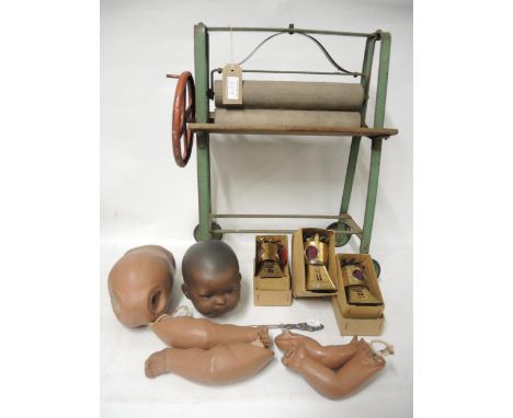 Armand Marseille bisque headed baby doll (for restoration), together with a children's toy mangle, three boxed lantern holder