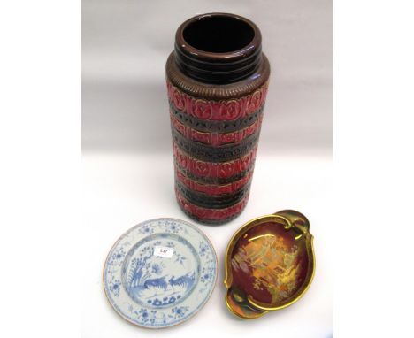 Blue and white tin glazed plate, Carltonware dish and a West German pottery vaseVarious damages to tin plate as shown in phot