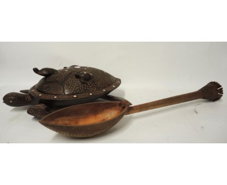Fijian carved hardwood platter with cover, in the form of a tortoise having carved abalone shell decoration, together with a 