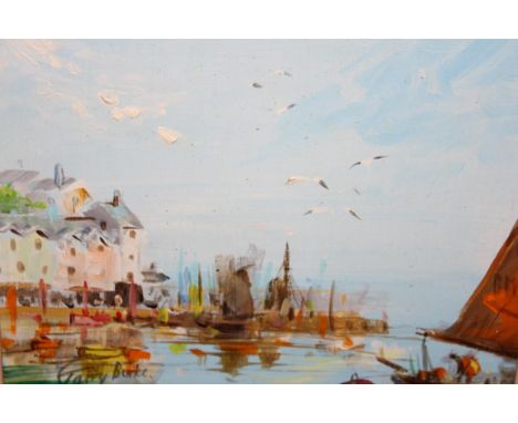 Terry Burke, pair of oil paintings on board, coastal scenes, 20 x 25cm, framed, together with a watercolour, view of watersid