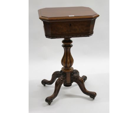 Victorian mahogany teapoy (adapted for use as a workbox), the irregular octagonal top opening to reveal a silk lined interior