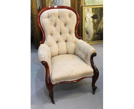 Victorian mahogany and button upholstered drawing room chair, together with a similar low seat nursing chair