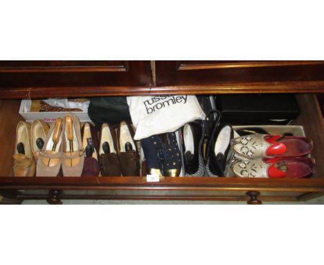 Collection of ladies vintage fashion shoes including Church's, Beverly Feldman, Escada, Mary Graeme and others, pair of orien