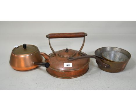 Copper and brass kettle, together with a small quantity of copper and iron handled cooking pans