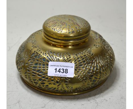 Tiffany style brass copper and glass pine needle pattern inkwell, 18cm diameter, marked 5 to the base