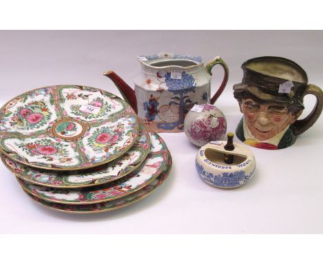 Group of four Canton enamel floral and butterfly decorated plates, together with a teapot, Toby jug and two other items (at f