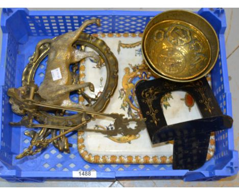 Engraved bronze bowl decorated with animals, another bowl, figure of a dog, brass easel, porcelain stand etc.