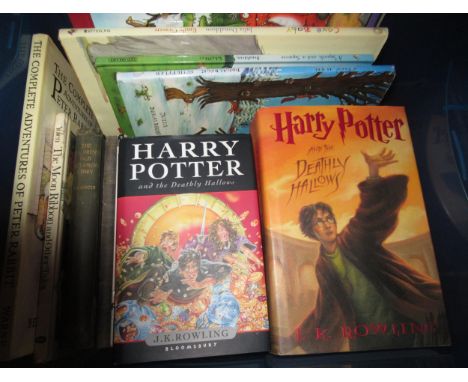 Box containing a collection of various children's books including first edition Harry Potter and various other books by Julia