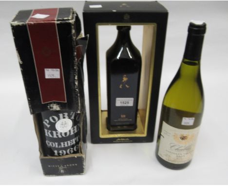 Johnnie Walker Black Label Anniversary Edition blended Scotch whisky in presentation box, bottle of Porto Krohn 1966, and a b