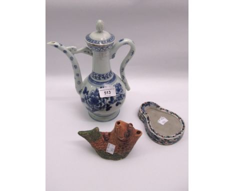 Chinese blue and white teapot with cover, 25cm high, together with a stoneware rose water bottle in the form of a fish and a 