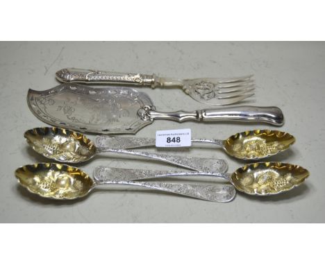 Elkington &amp; Co., set of four silver plated floral engraved berry spoons with gilt bowls, silver plated fish serving fork,