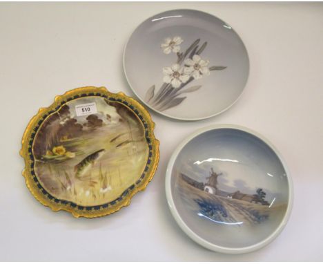 Limoges circular porcelain plate, painted with fish, together with Royal Copenhagen daffodil pattern wall plate, and a Copenh