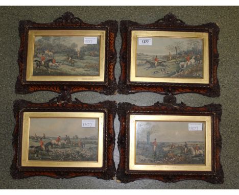 Set of four hand coloured prints, hunting scenes in original framed, bearing Arthur Ackermann &amp; Son label verso, 11 x 19c