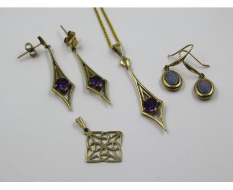 Pair of 9ct gold amethyst set drop earrings, together with a matching pendant suspended from a gold plated chain, 9ct gold pe