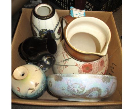 19th Century pottery water jug decorated in Japanesque style, Maling lustre bowl and other miscellaneous items of pottery and