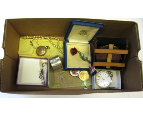 Silver pocket watch, gilt metal fob watch, silver napkin ring, compass, three brooches, button hook, string of simulated pear