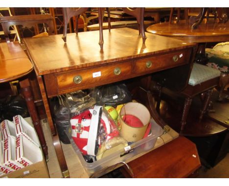 Mid 20th Century mahogany and crossbanded drop-leaf sofa table in Regency style, on sabre supports with brass caps and caster