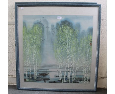 Wang Lisuo, 20th Century Chinese watercolour, lake scene with trees in early leaf, 66cm square approximately, signed and seal