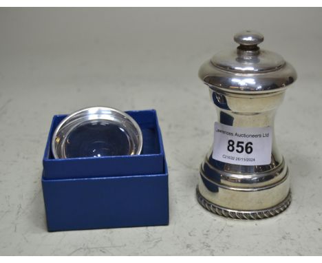 Birmingham silver pepper grinder, together with a modern silver mounted magnifying lens in original box