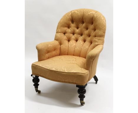 Victorian button damask upholstered tub shaped drawing room chair on turned front supports