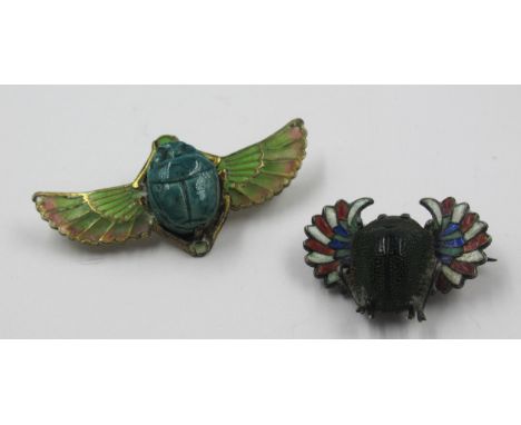 Small continental enamel decorated natural scarab beetle brooch, together with another pottery scarabNatural scarab - 3.7g, 2