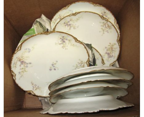 Limoges floral decorated porcelain dessert serviceNot matching. Six x 21cm plates with two chipped. Comport. Five side chairs