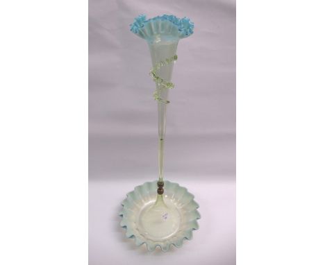 Vaseline glass epergne and tazza, two ' Jack in the Pulpit ' vases and two others