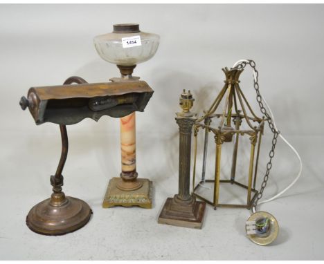 Early 20th Century brass desk lamp, together with a brass and alabaster oil lamp and various other lighting