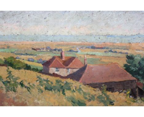 Mid 20th Century Impressionist School, oil on board, landscape with farm buildings, signed, 30 x 40cm, in a painted frame, to