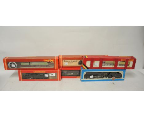 Five boxed Hornby railway 00 gauge engines, including Battle of Britain loco Spitfire R374, Flying Scotsman R845, Princess El