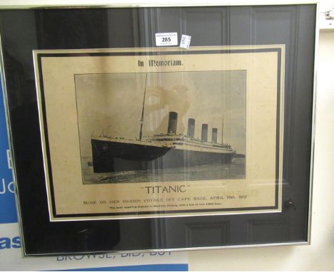 Lithograph in memoriam ' Titanic Sunk On Her Maiden Voyage Off Cape Rase, April 15th 1912 ', 31 x 43cm, housed in a later fra