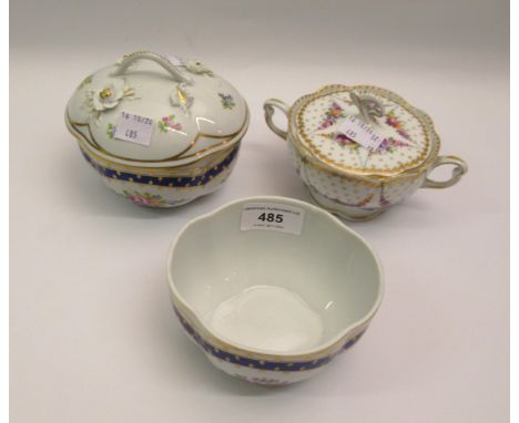 Dresden floral and gilt decorated sugar bowl and cover, with matching basin, and another two handled tureen and cover (chip t