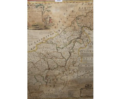 Emanuel Bowen, antique hand coloured map of Northamptonshire, together with a pair of framed antique hand coloured road maps,