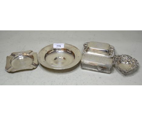 Modern London silver miniature Armada dish, Birmingham silver miniature entree dish and cover, silver ashtray, trinket dish a