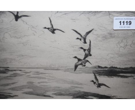 Frank Weston Benson, two signed etchings, wildfowl in flight, 18 x 27cm and 20 x 25cmPaper discoloured, otherwise in OK condi