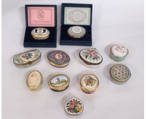 Collection of twelve various enamel and porcelain trinket boxes by Halcyon Days, Limoges and others